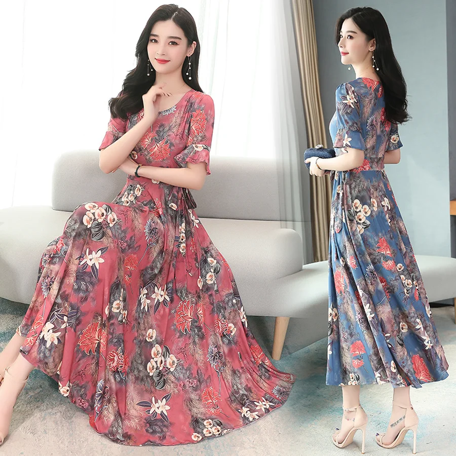 2021 сезон: весна-лето голубого цвета с цветочным принтом в богемном стиле длинное