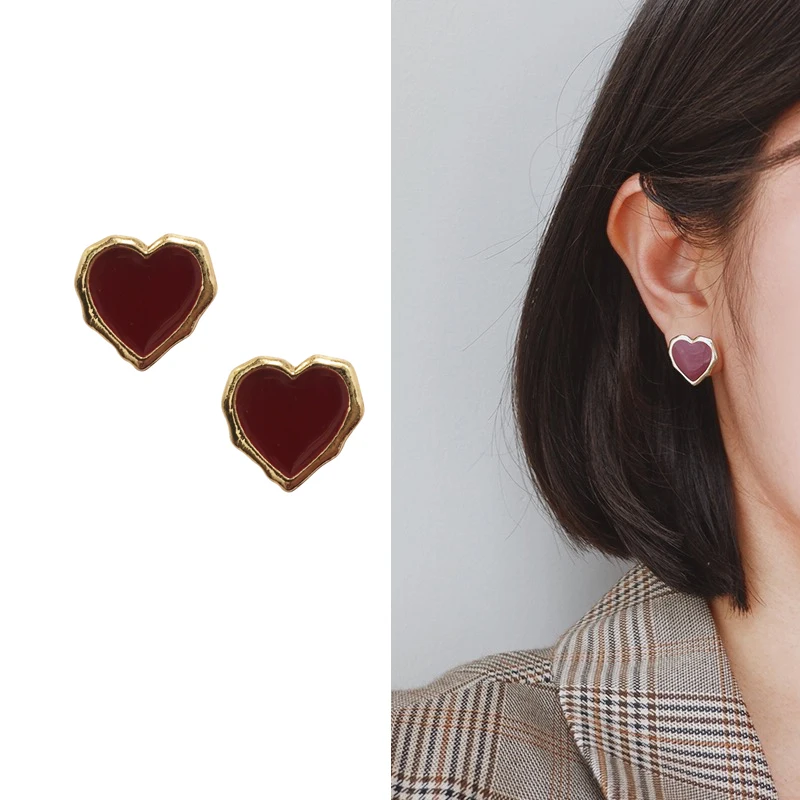 Женские винтажные серьги-клипсы винно-Красного цвета в форме сердца простое