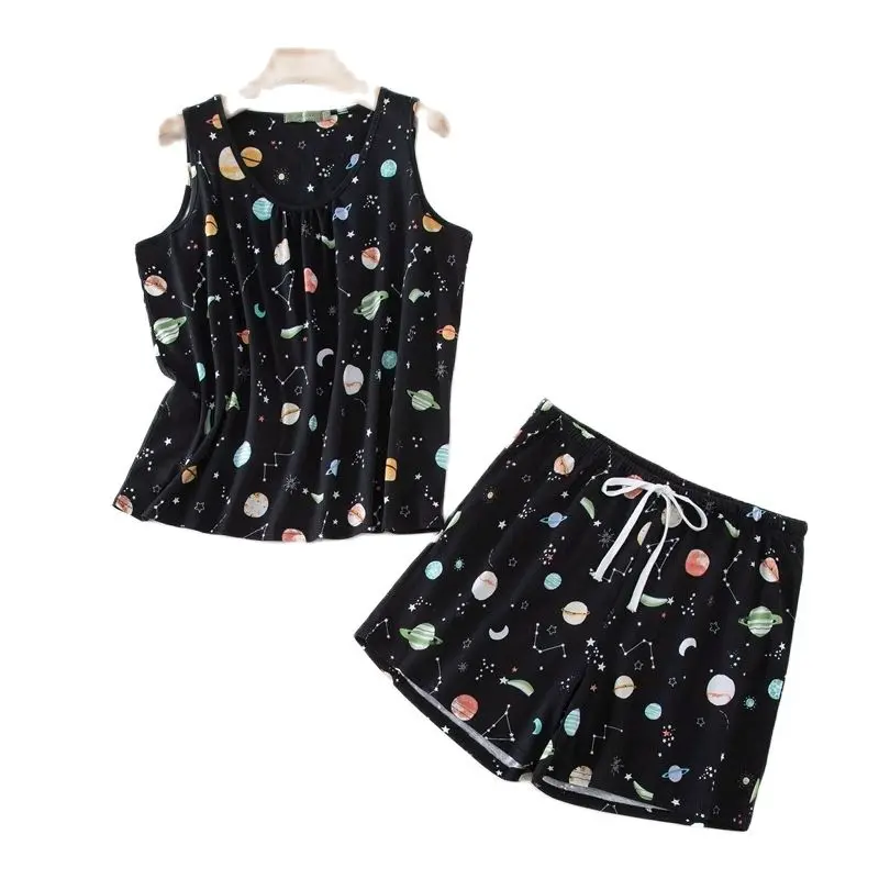 

Cartoon Vest Shirt + Shorts Pajamas Suit Plus Size Home Suit Summer Pajamas 100% Cotton Sleepwear Suit Women Casual Pajama Sets
