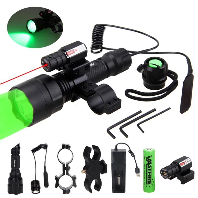 

C8 XM-L Q5 Tactical Hunting Flashlight Rifle Lantern Armas Light+Laser Dot Sight+Switch+2*20mm Rail Barrel Mount+18650+Charger