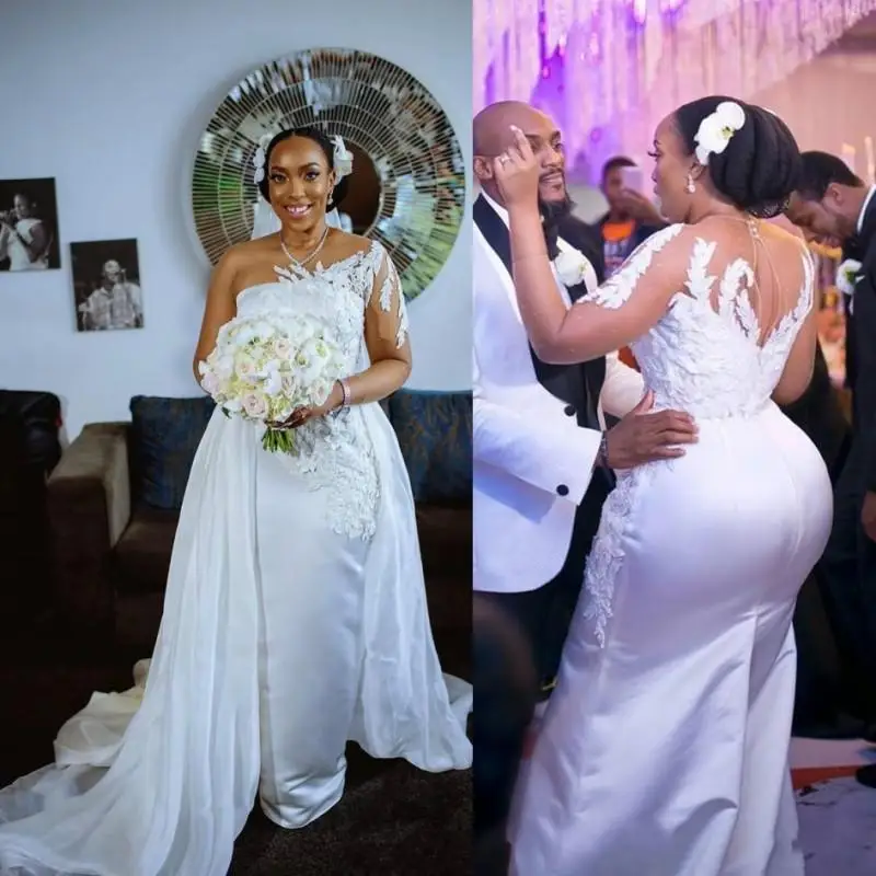 

Plus Size Mermaid Wedding Dresses Detachable Train One Shoulder Long Sleeve robe de soiree Bridal Gowns Lace Applique