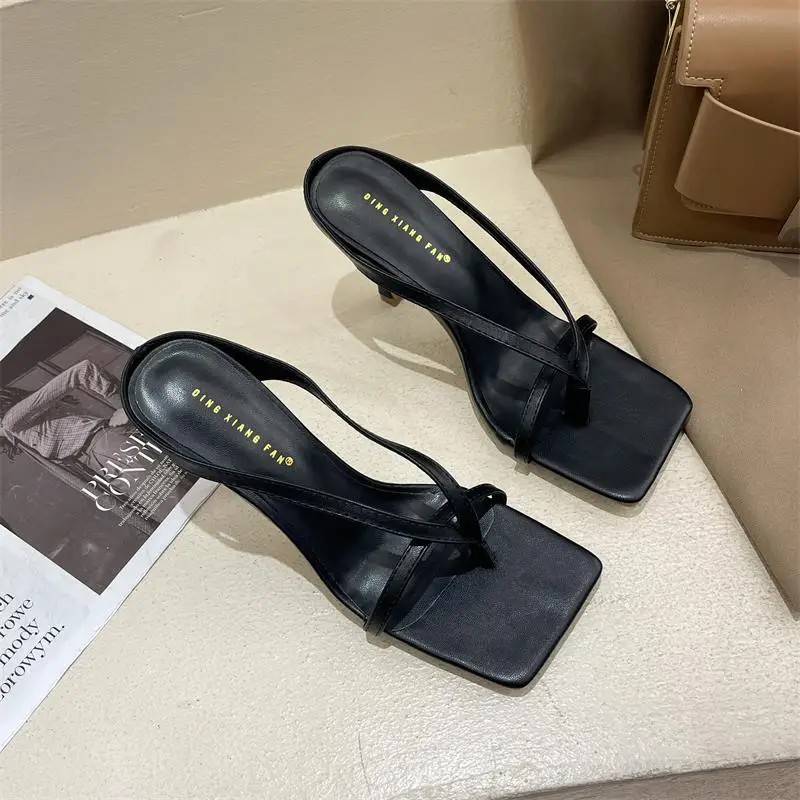 

Shoes Woman 2021 Square Toe Female Slippers Heeled Mules Luxury Slides Rubber Flip Flops New High Thin Designer Hawaiian PU