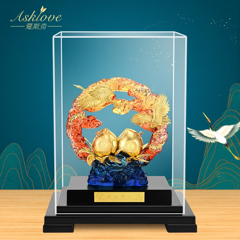 

Asklove Gold Crane Peach Lucky Figurines Auspicious Desktop Ornament Statue Gifts to elders 24K Gold Foil Crafts Home Decor gift