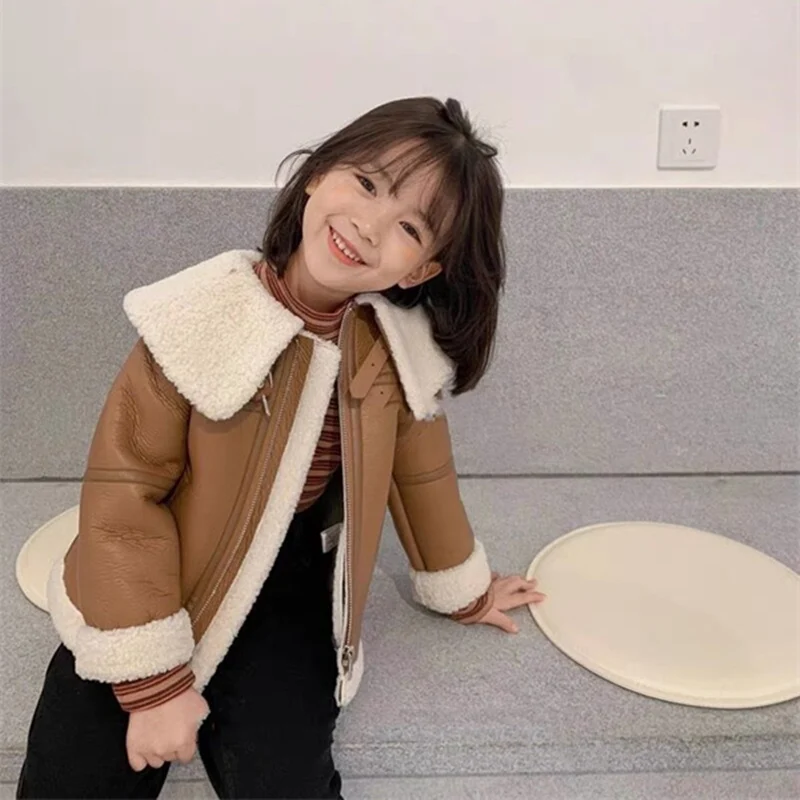 

Girls Boys Coat Jacket Plus Velvet Thicken 2021 PU Warm Winter Overcoat School Outdoor Sport Cotton Kids Teenagers Children's Cl