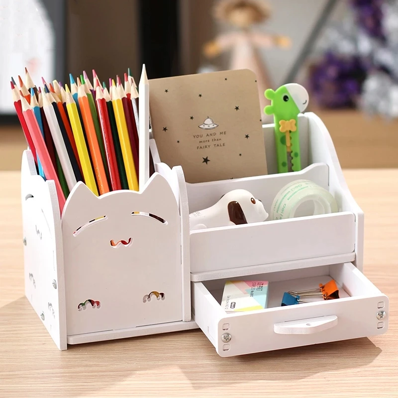 multi function 4 grid desktop pen holder office school stationery storage case wood box desk pen pencil organizer phone holder free global shipping