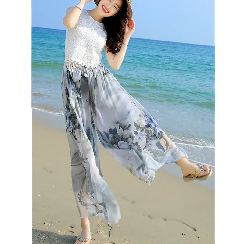 

Summer Printed Chiffon Casual Pants Large Size Thin Loose Pants Bohemian Beach Pants Wide Leg Pants
