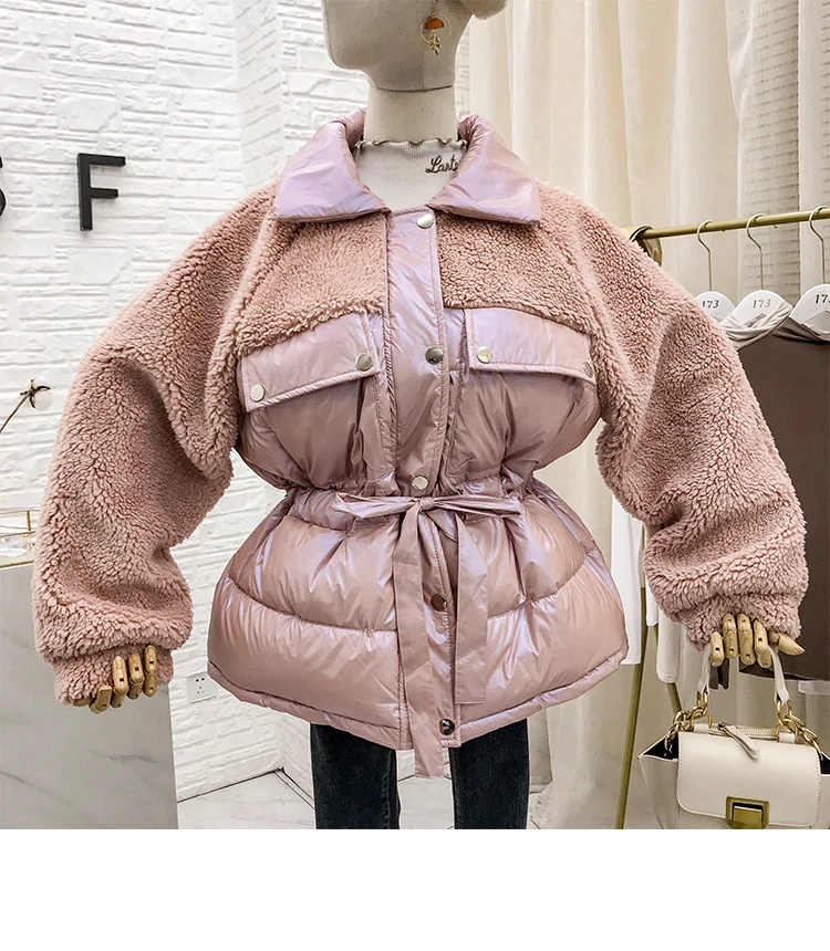 Mooirue Winter Casual Parkas Sherpa Fleece Patchwork Drawstring Lace Up Vintage Coats Harajuku Jackets Female white Coats