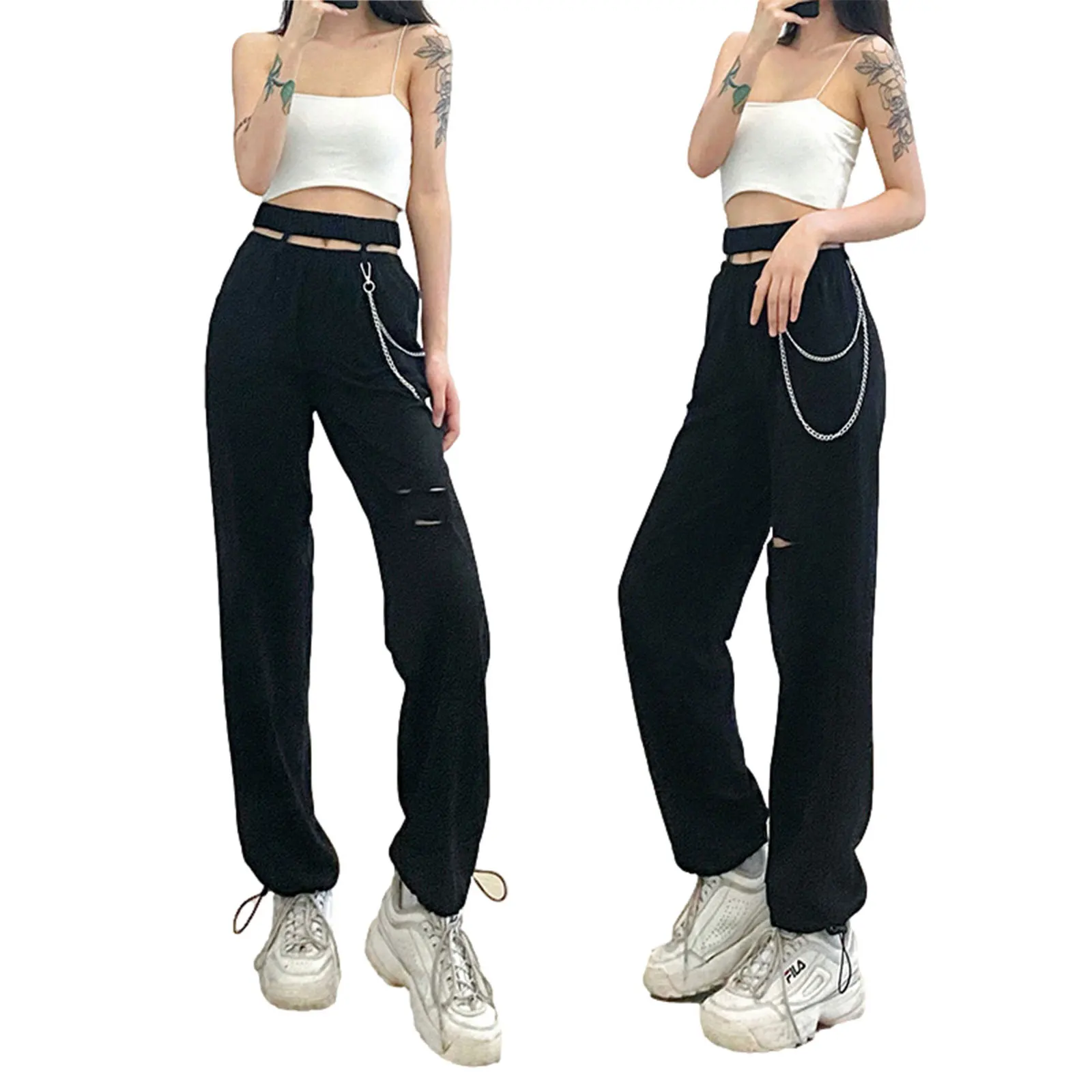 

Women Loose Style Pants with Decorative Chain Black Solid Color High Waist Hollow Out Trousers S/ M/ L