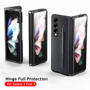 hinge protection s pen slot case for samsung galaxy z fold 3 5g pu leather pen holder phone cover with plastic frame free global shipping