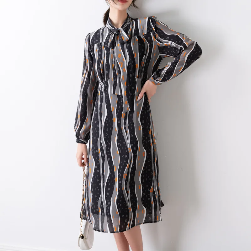 Summer new boutique dress bowknot tie-in vertical grain contrast color printing long-sleeve silk dress