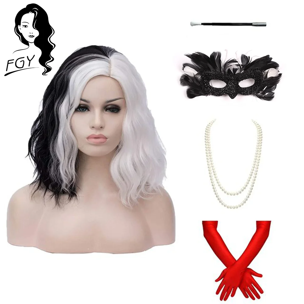 CRUELLA Deville De Vil Black White With Bangs Short Bob Ladies Heat-Resistant Synthetic Wig Cosplay Halloween Costume Party | Шиньоны и