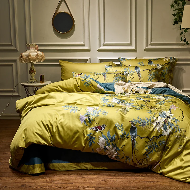 

Silky Egyptian Cotton Yellow Chinoiserie Style Birds Flowers Duvet Cover Bed Sheet Fitted Sheet Set Bedding Size King Queen Set