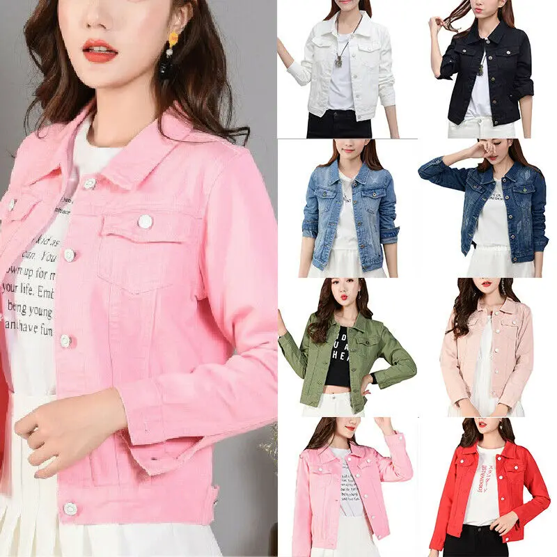 

Womens Vintage Full Long Sleeve Denim Jacket Basic Cropped Button Coat Jean