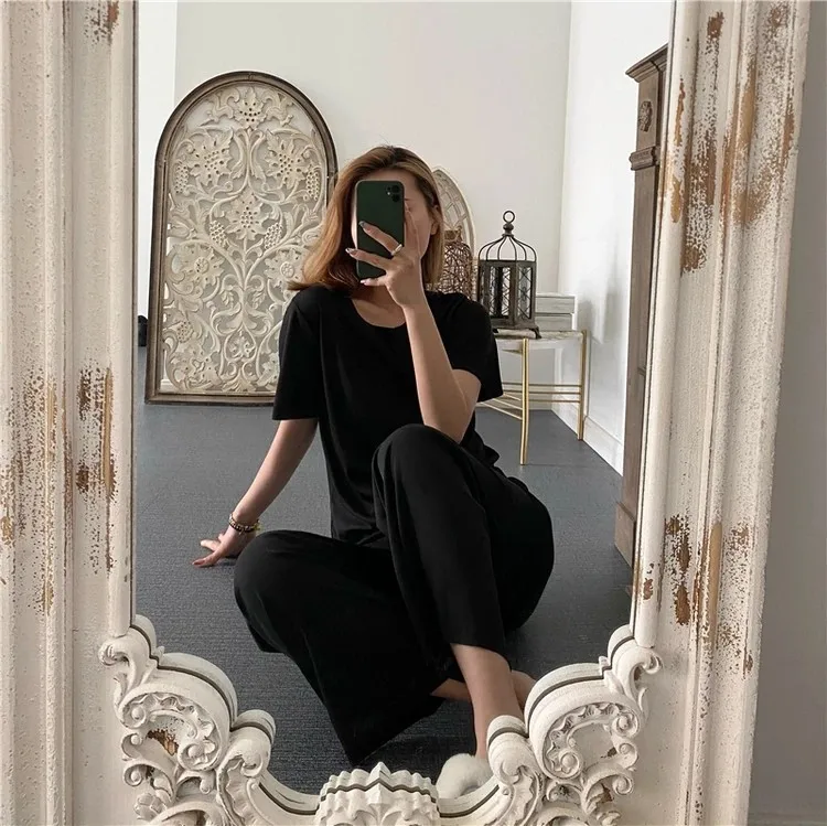 2021 Spring Summer Short Sleeve Trousers Pajamas Women's Home Suit Loose Ice Silk Female Sleepwear Nightgown Nightwear