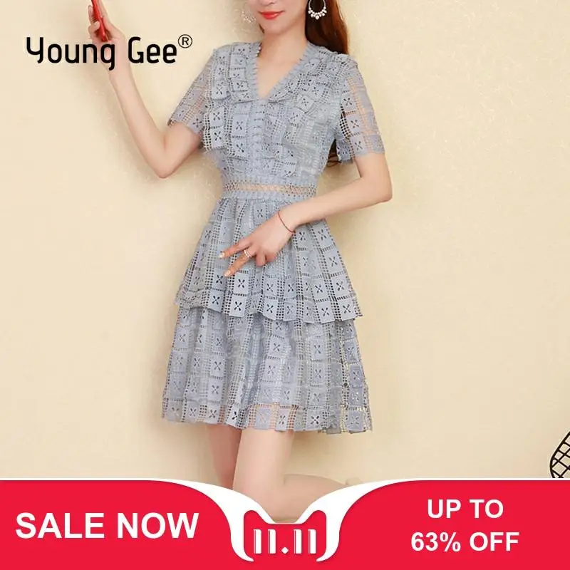 Young Gee женские шикарные кружевные платья с v-образным вырезом и оборками Летние