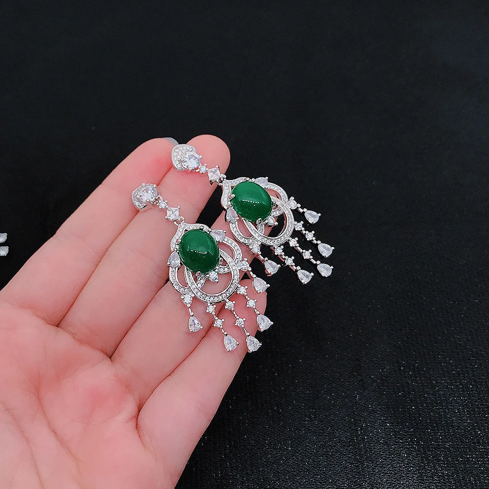 

BLACK ANGEL Luxury Green Chalcedony 925 Sterling Silver Fashion Long Tassel Drop Earrings For Women Jewelry Christmas Party Gift