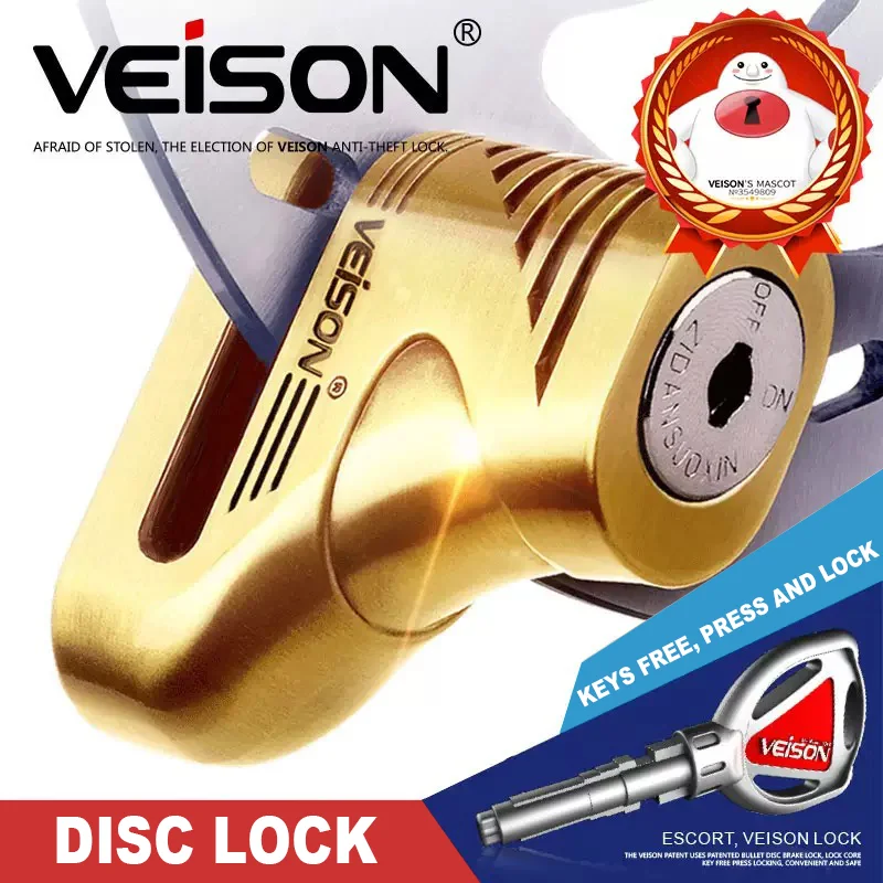gold lock only VEISON мотоциклетный роторный дисковый замок, мотоциклетный Противоугонный тормозной замок для скутера, мотоциклетный замок+ кабель напоминания+ 2 ключа - Цвет: gold lock only