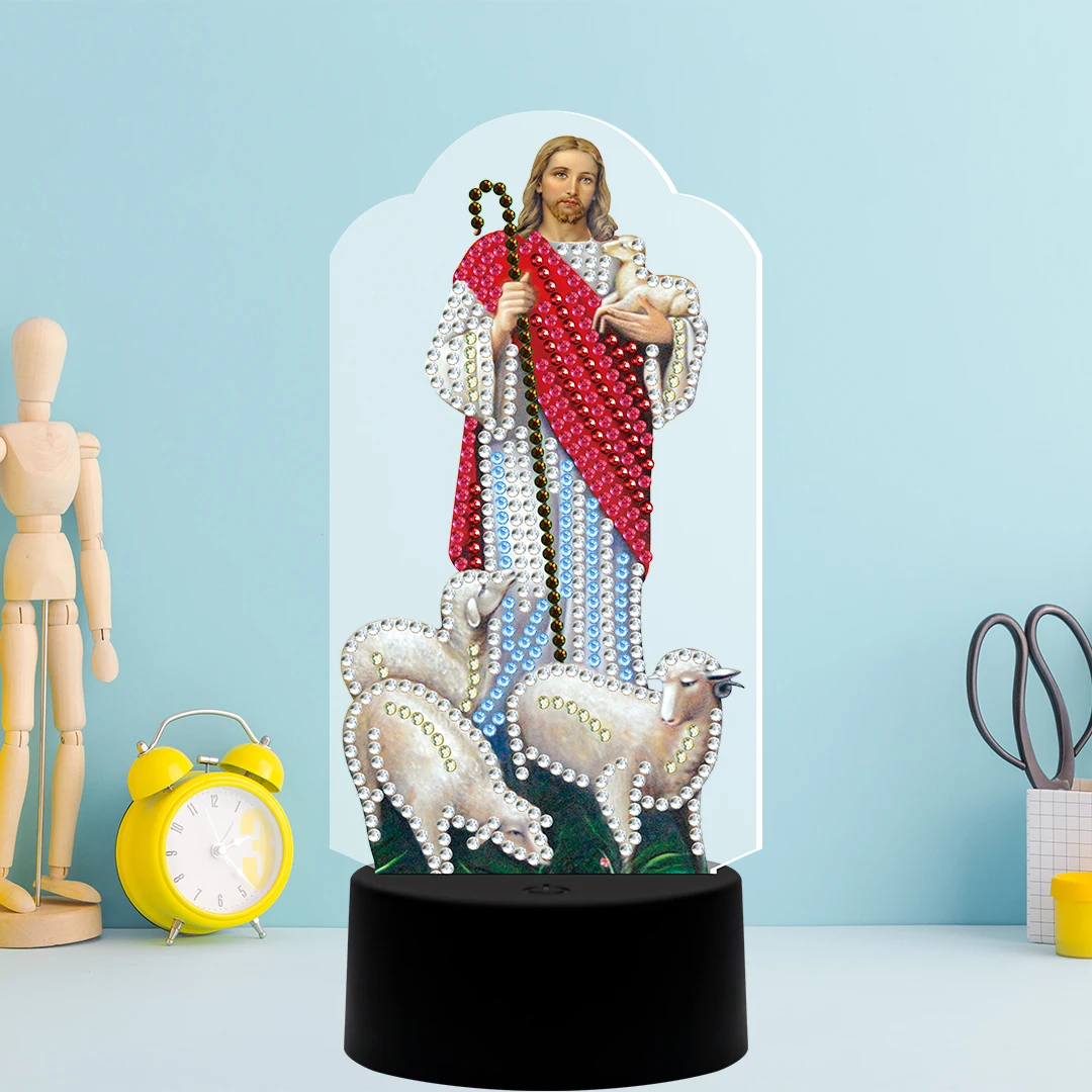 DIY LED Diamond Painting Light Jesus And Sheep Cross Stitch Embroidery Lamp Special Shaped Drill Lights Home Decoration | Дом и сад