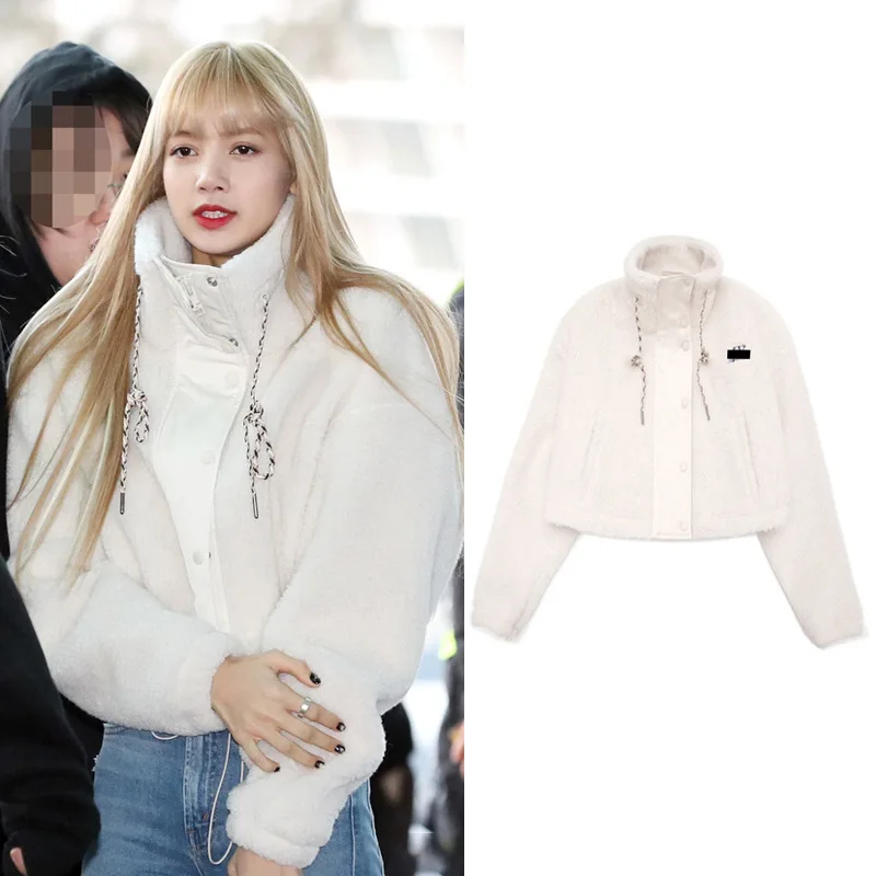 

Флисовая пушистая укороченная куртка Kpop BP Lisa из искусственного меха, зимнее пальто, топ, модная женская одежда в Корейском стиле