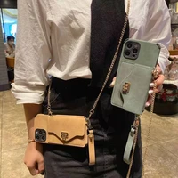 leather matte credit card phone case wallet crossbody long chain for iphone 12 11 pro xr x xs max 7 8 6s plus cover with strap