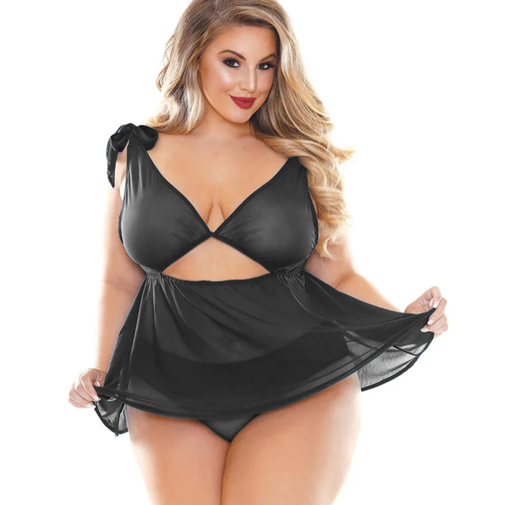 Женское белье размера плюс 4xl 5xl 6xl с глубоким v-образным вырезом, прозрачное кружевное сексуальное нижнее белье, эротическое нижнее белье, женская сексуальная ночная рубашка, сексуальная одежда - Цвет: 1-black
