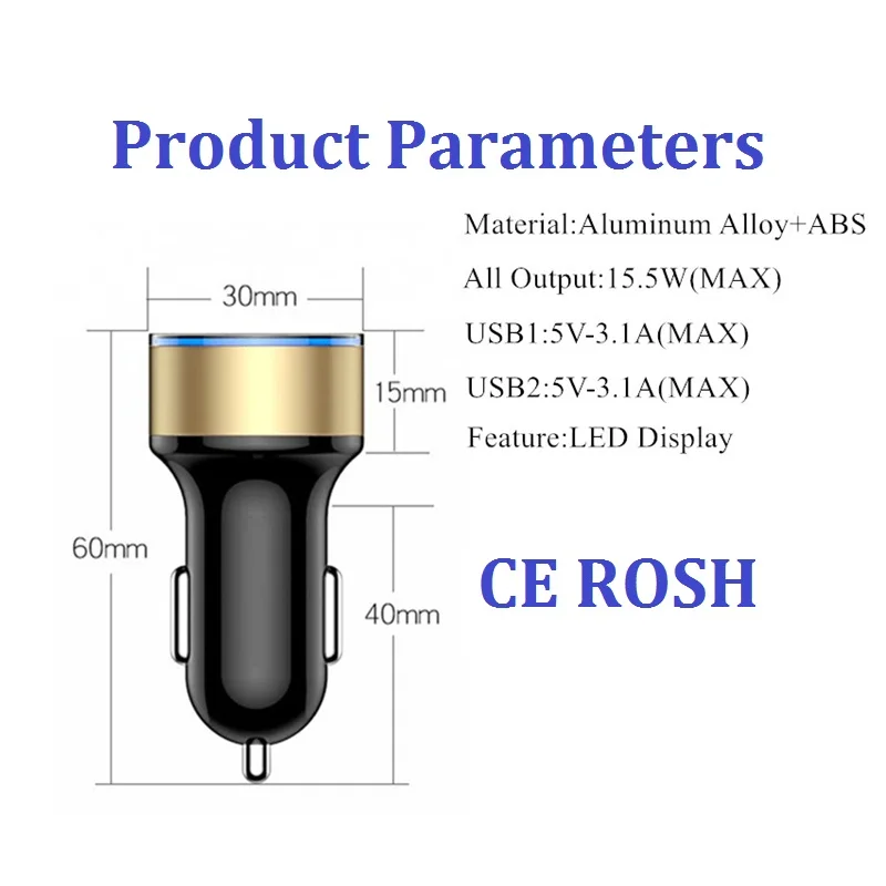

3.1A LED Display Dual USB Car Charger Universal Mobile Phone Aluminum Car-Charger for XiaomiSamsungiPhone11 chargers