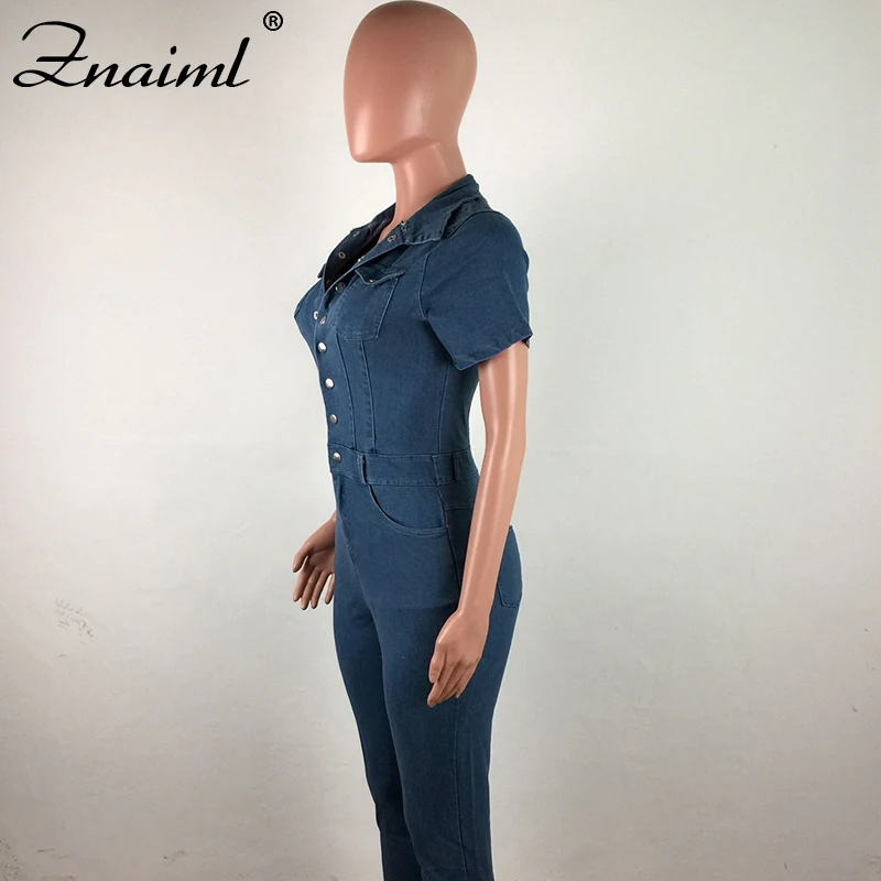 Комбинезон женский джинсовый с коротким рукавом пикантный однобортный