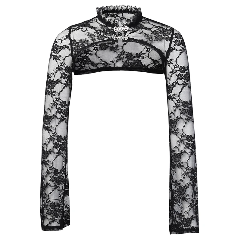 

Hip Hop Sexy Lace Short Sweatshirts Women Vintage Flower Embroidery Long Sleeve Sweatshirts Gothic Streetwear Party Elegant Tops