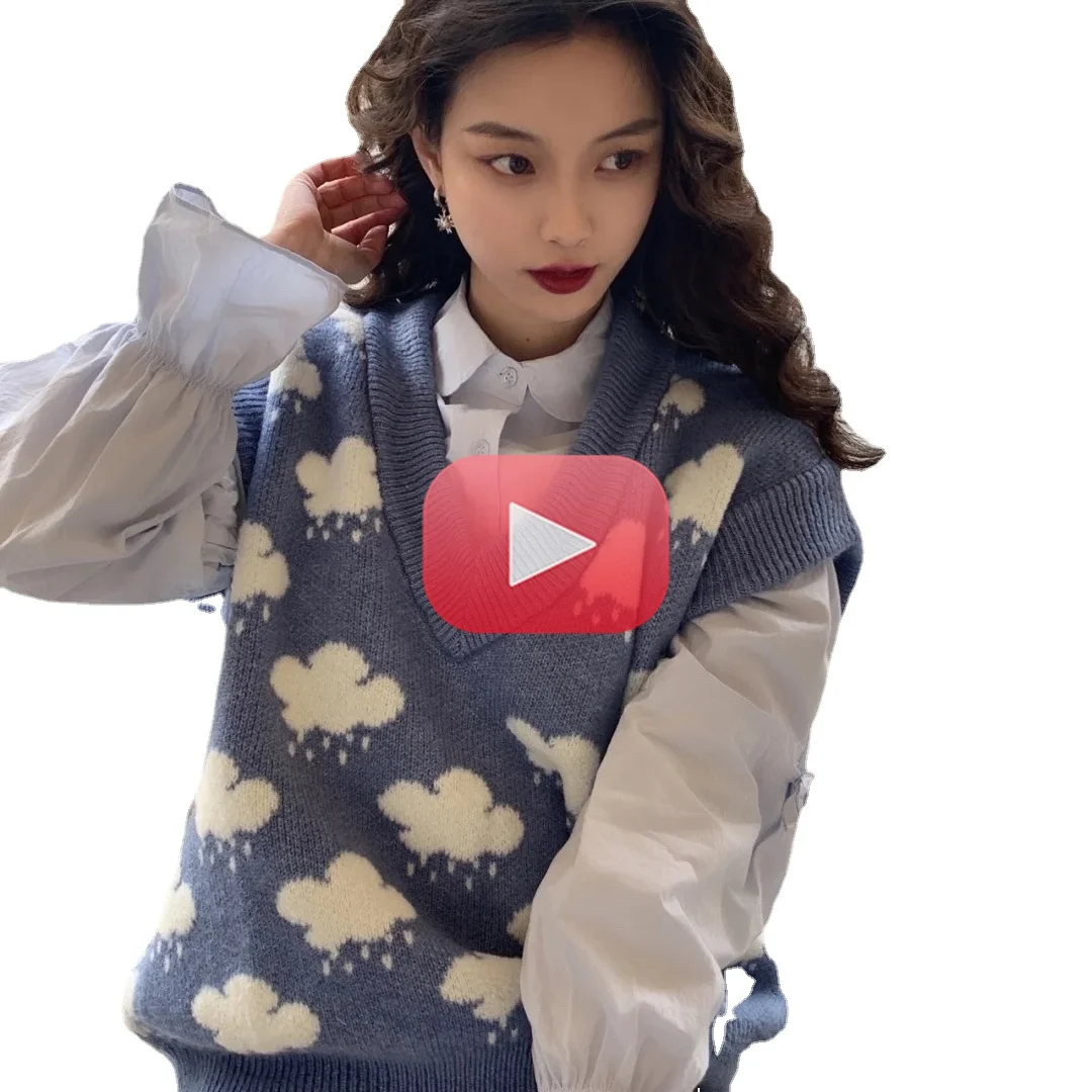 

Sweater Vest Women Students Korean Style Harajuku Soft Leisure Clouds V-neck BF Vintage Streetwear Classic Aesthetic New Trendy