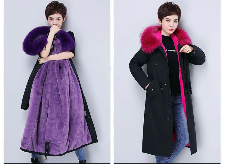 Parka Coat Long Winter Jacket Women Warm Big Fur Plus Size Female Lady Overcoat Outwear Clothes Black Windproof Tops Hat