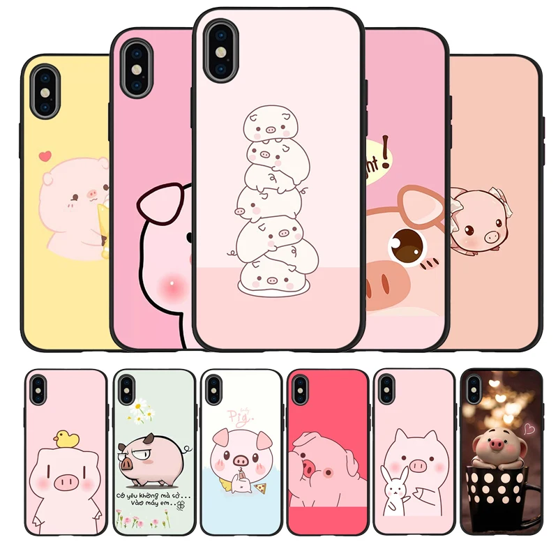 Черный силиконовый чехол с мультяшной свиньей для телефона iPhone 12 XR XS Max 5 5S SE 2020 6 6S 7