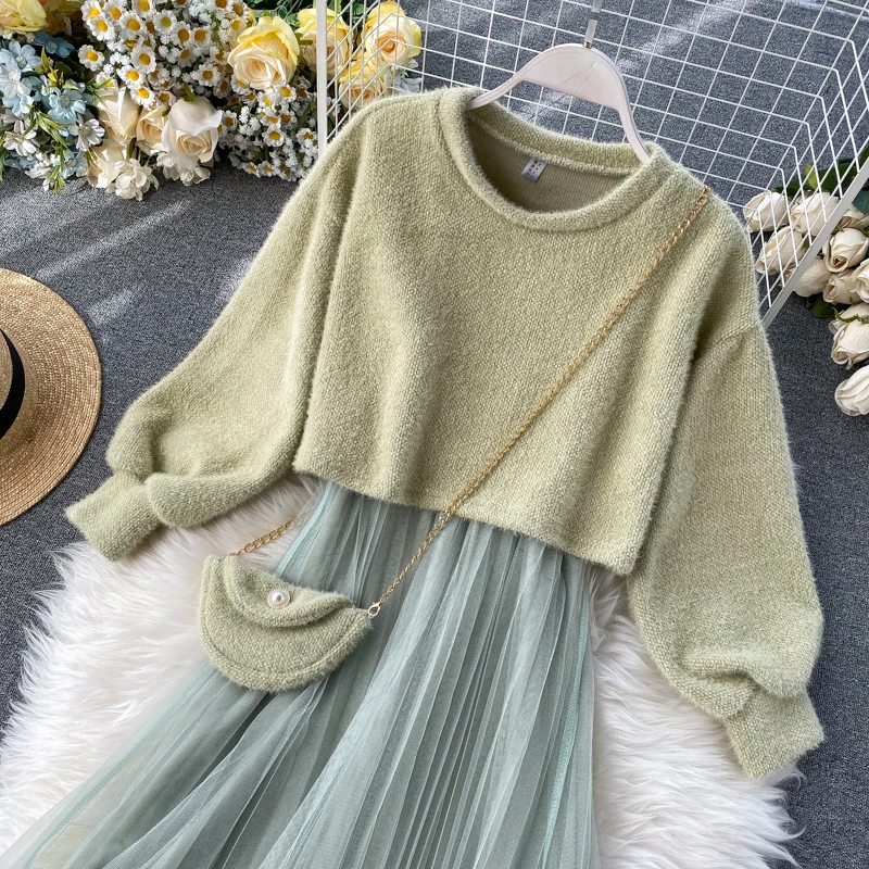 

Winter New 2 Pieces Women Dresses Suits Knitted Sweater Pullovers And Mesh Lady Elegatn Clothing Sets Top Quality