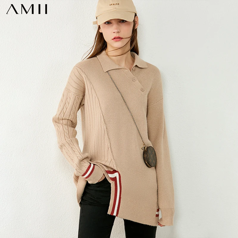 

Amii Minimalism Autumn Winter Sweaters For Women Fashion Lapel Spliced Sweaters For Women Female Pullover Tops 12040600