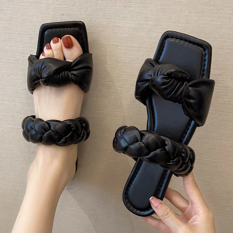 

2021 New Women Square Toe Weave Bowtie Slippers Women's Casual Flats Ladies Summer Beach Slides Footwear Female Leisure Shoes