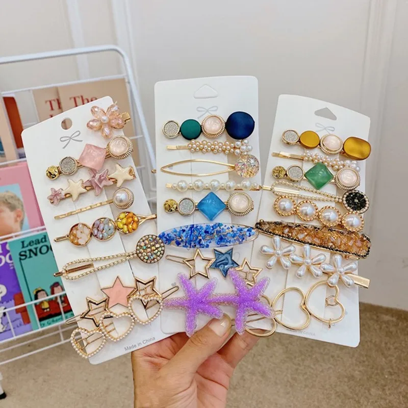 

Fashion Hair Accessories Women Pearl Hairpins Side Clips Metal Word Clip Set Starfish Hairpins Cute All-match Girl Headwear New