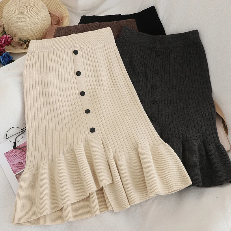

Koijizayoi Korean Women Knitted Ruffles Skirt High Waist Fashion Office Lady A Line Mini Short Skirt Chic Autumn Winter Faldas