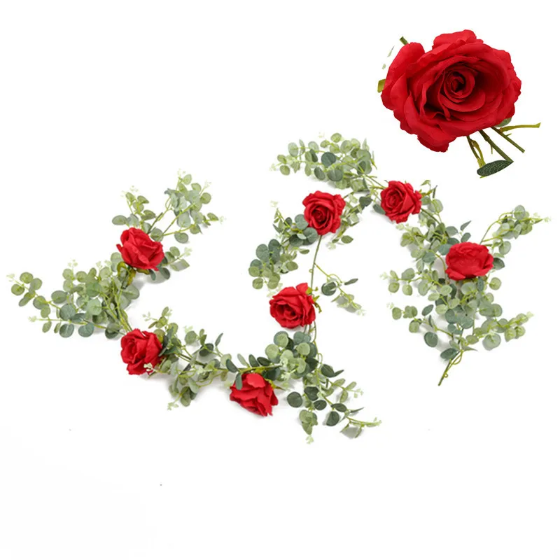 Hoja de eucalipto, vid Rosa Artificial, flor rosa, hojas de eucalipto, vid, camino de boda, plomo, decoraci&oacute;n de la habitaci&oacute;n, est&eacute;tica-5