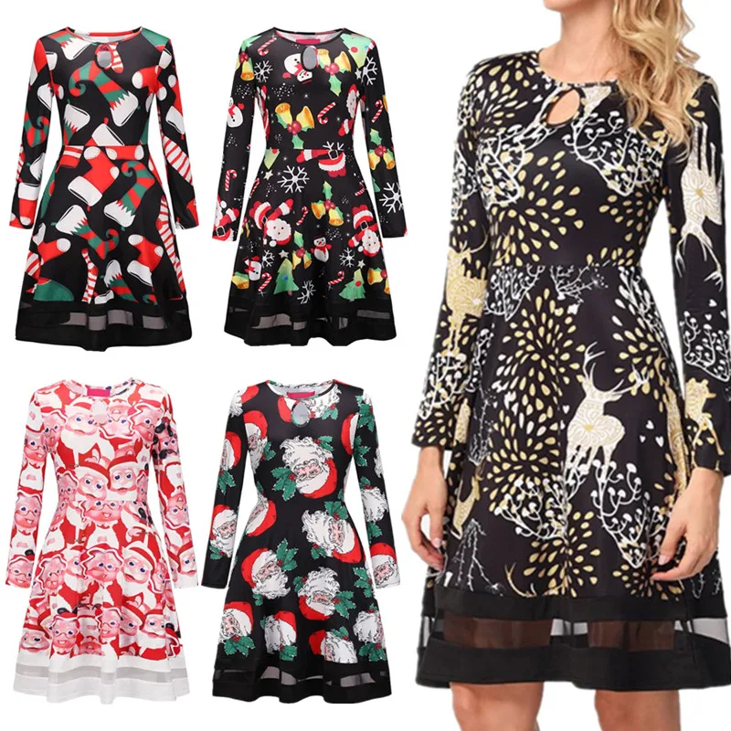 

Женский Рождественский костюм, приталенное платье-трапеция с длинным рукавом и круглым вырезом, платье с принтом Санта-Клауса и рождествен...