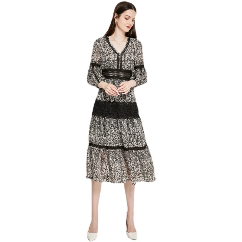 

Simgent Women Long Dress Lantern Sleeve V-Neck Chiffon Print Lace Up A Line Elegant Party Beach Dresses Dames Jurken SG111114