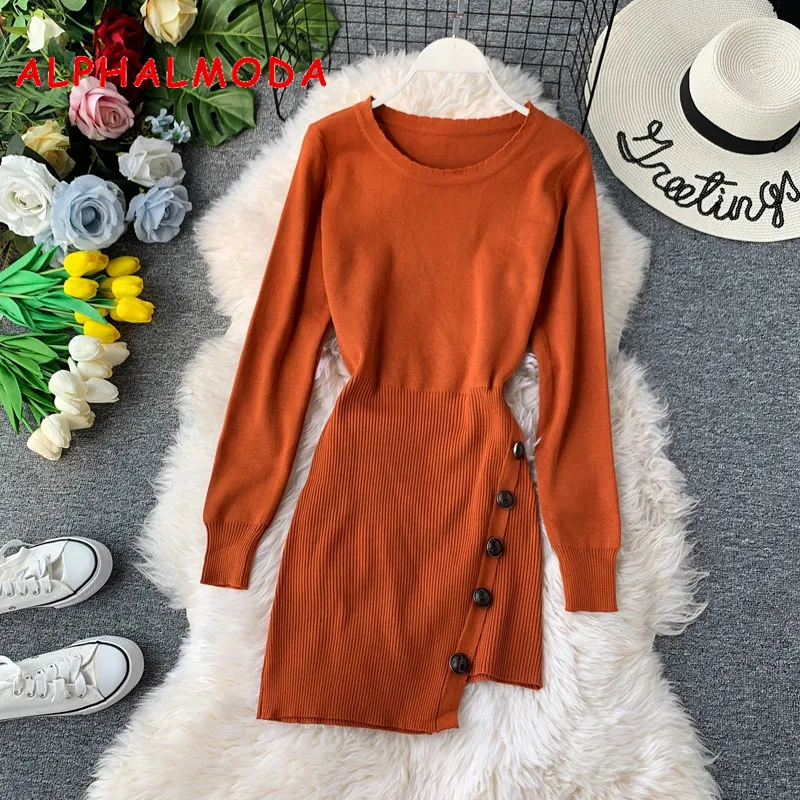 Женское вязаное платье ALPHALMODA пуловер с длинными рукавами асимметричное