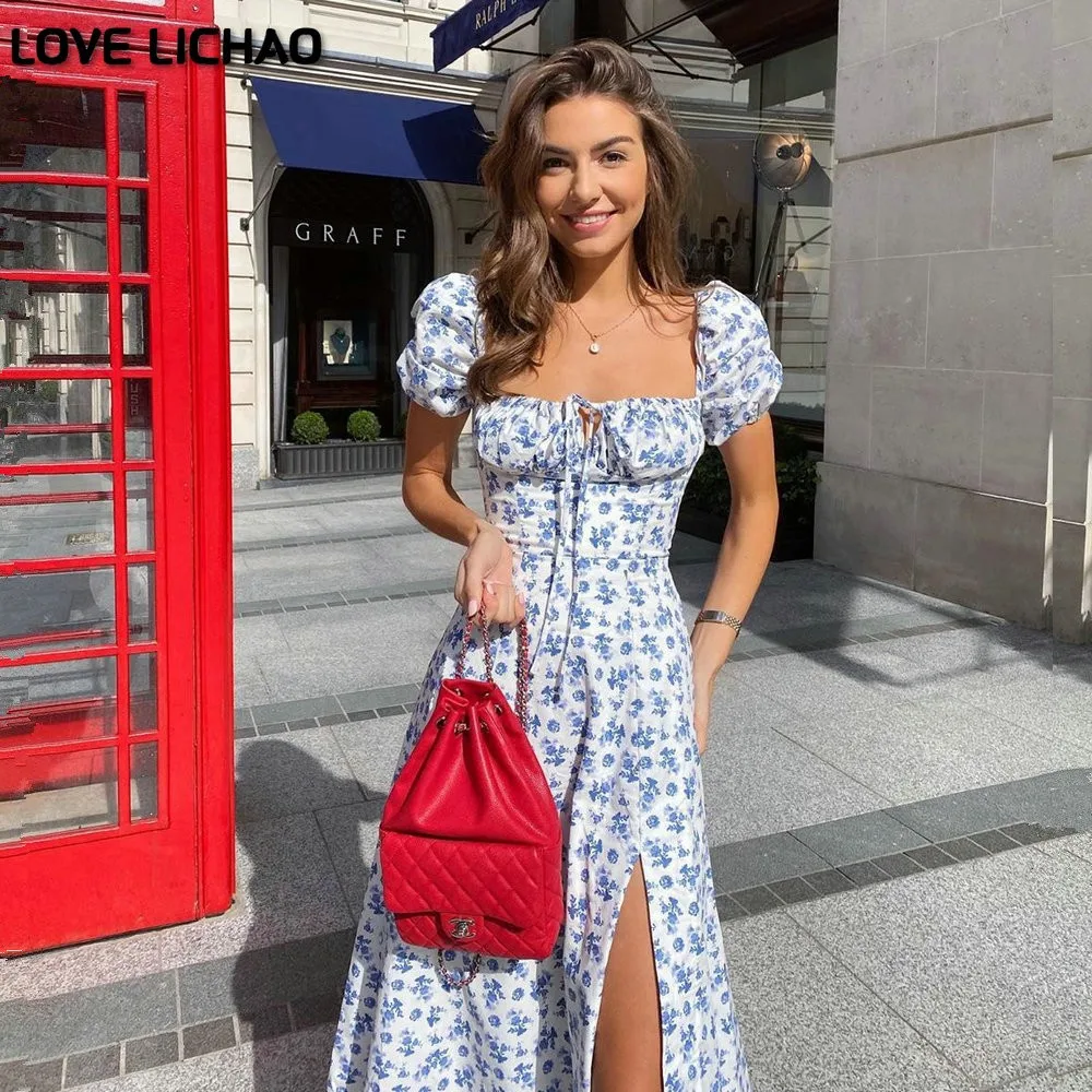 Летнее модное элегантное платье в богемном стиле с принтом Макси разрезом для