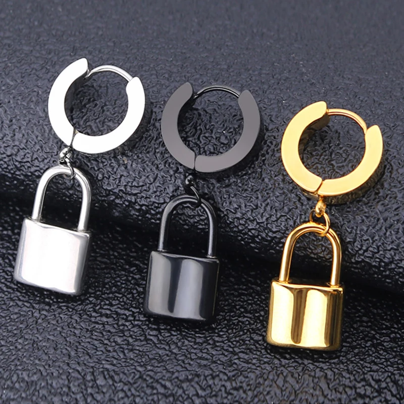 

1pair Fashion Punk Stainless Steel Lock/Razor Blade Earrings Padlock Pendant Hip Hop Style Dangle Loop Drop Earring Jewelry Gift