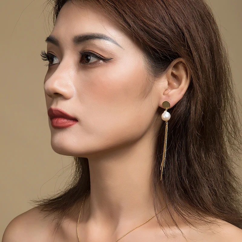 Женские длинные серьги капельки из серебра 925 пробы с пресноводным