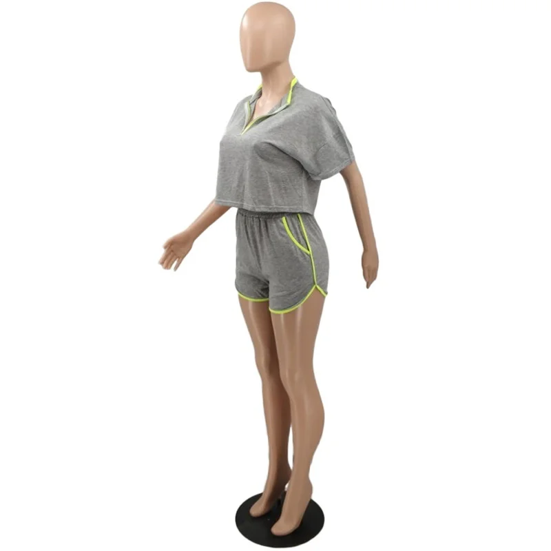 

Women Suit Tracksuit Solid Short Sleeve Two Pieces Set Zipper Neck Sweatshirt +short Pants Outfit Clubwear Pocket Matching Set