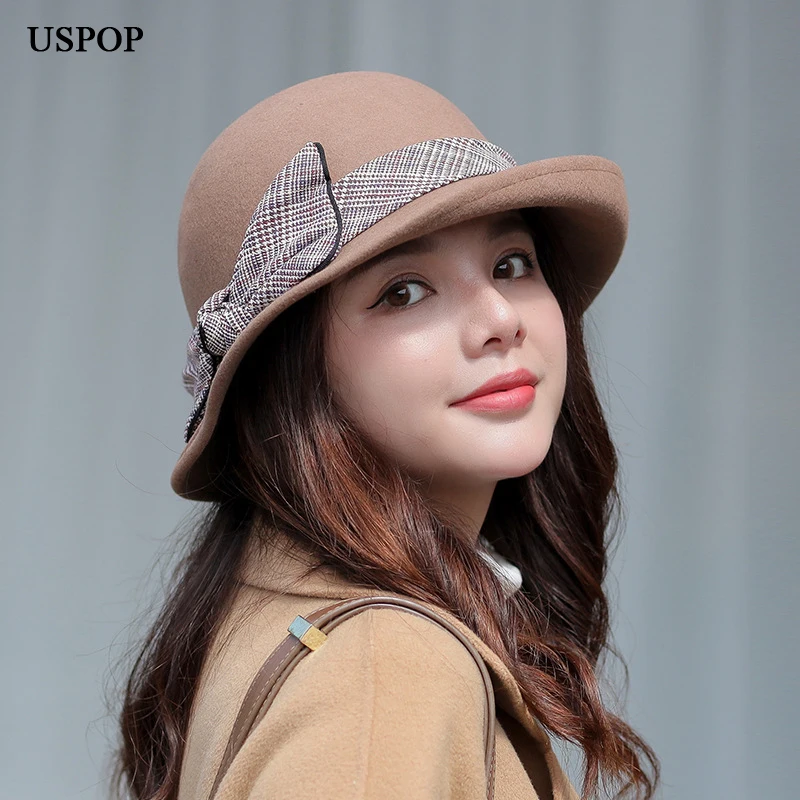 USPOP женские шерстяные шляпы осень зима толстые шапки клетчатые с бантом обжимные