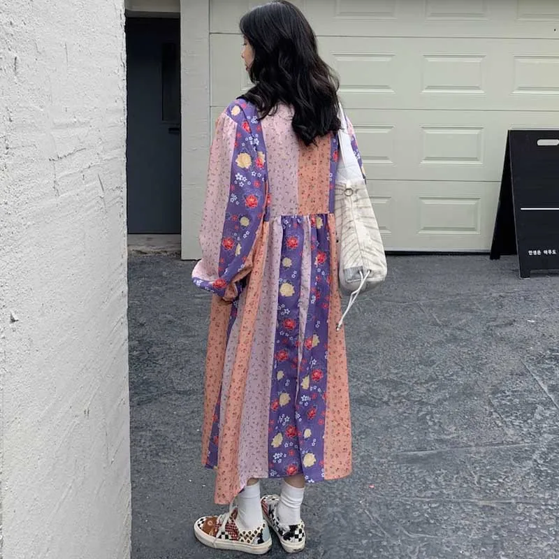 2021 mujeres impresión Floral vestido coreano de manga larga de una sola pieza Casual vestidos primavera otoño señoras vestido elegante vestido largo
