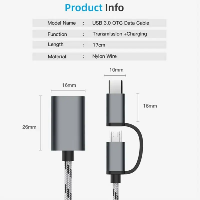 

Nylon Braid 2 In 1 OTG Adapter Cable USB 3.0 To Micro USB Type C Data Sync Adapter For Cellphone Charging Cable Line Converter