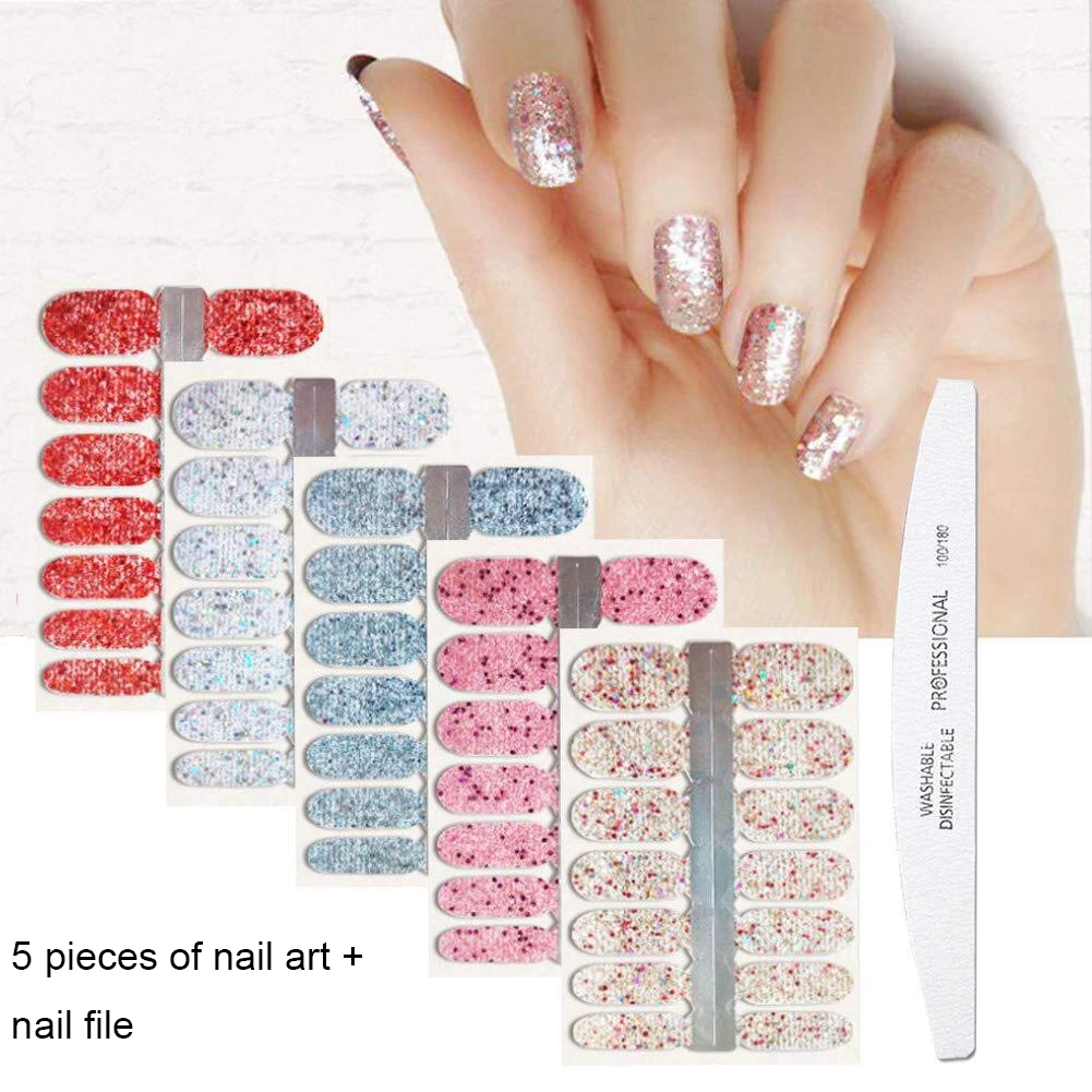 

5pcs/Set Of Glitter Nail Stickers with Nail File Polished Decals with Nail File Bonding Bright Nail Art Tool Set