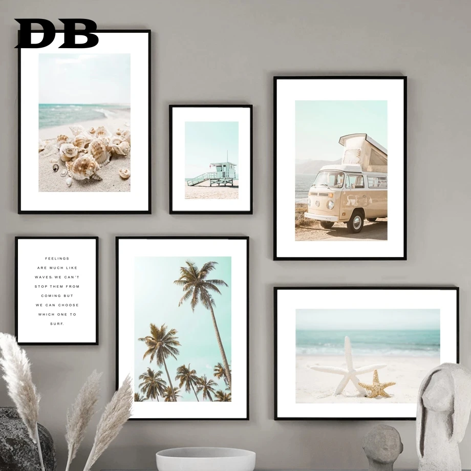 Starfish Shell Beach Car Sailboat Coconut Tree Nordic Posters And Prints Art Canvas Painting Wall Pictures For Living Room Decor | Дом и сад