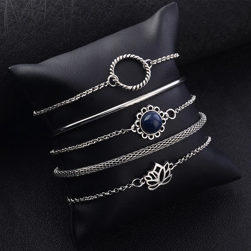5pcs/set Fashion Personality Vintage Multilayer Lotus Circle Simple Bracelet Boho Style Temperament Chain | Украшения и